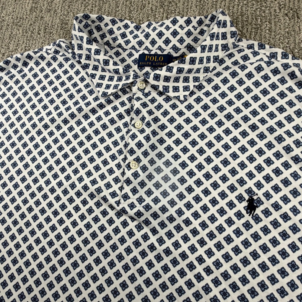 Polo Ralph Lauren Polo Shirt Men 5XB White Blue Geometric Medallion Cotton